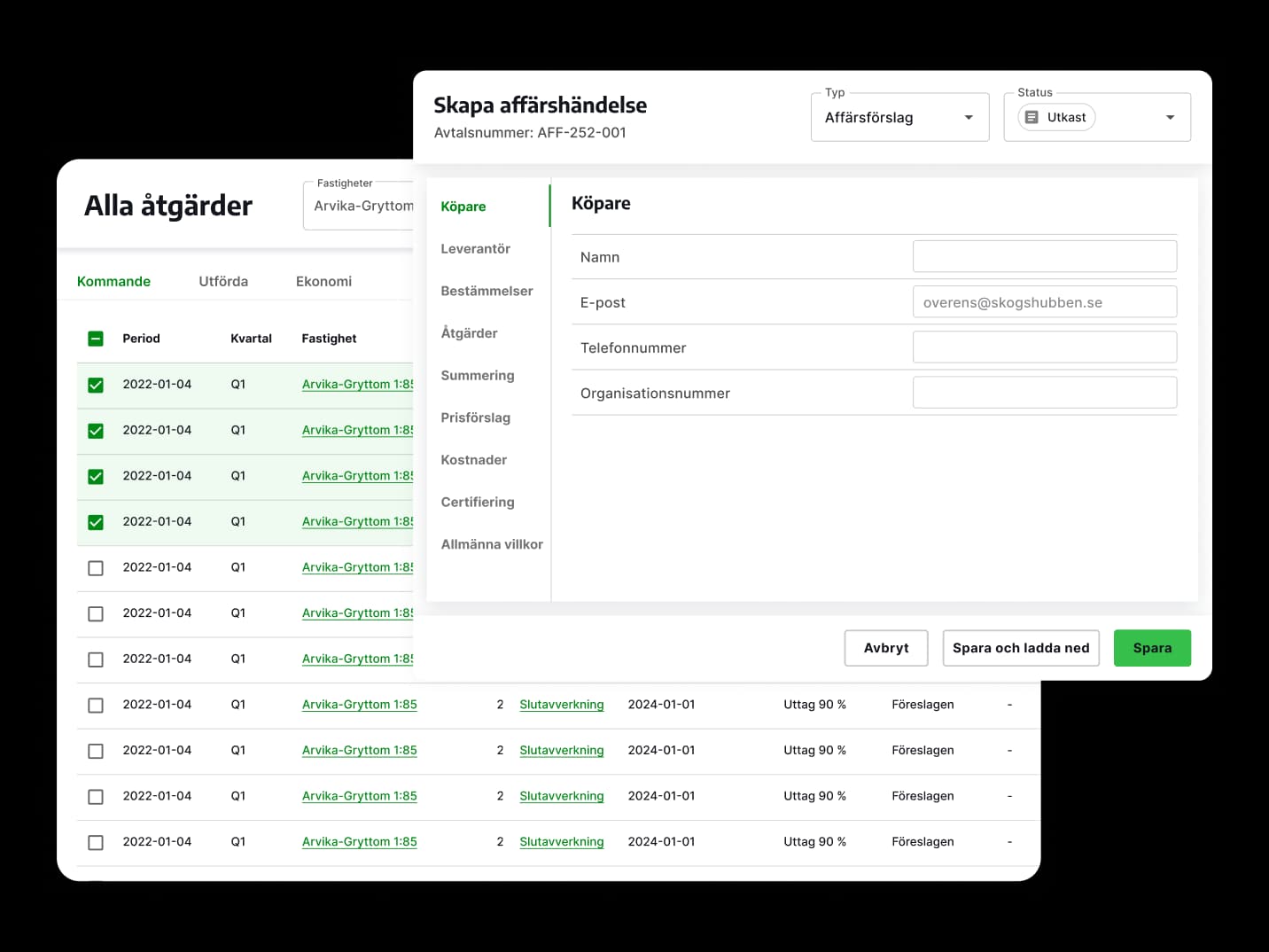 En tabell med utförlig information om åtgärder. Framför syns ett formulär för att skapa en affärshändelse.