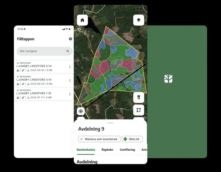 Fältapp för ajourhållning av skogsbruksplan på mobil och surfplatta.