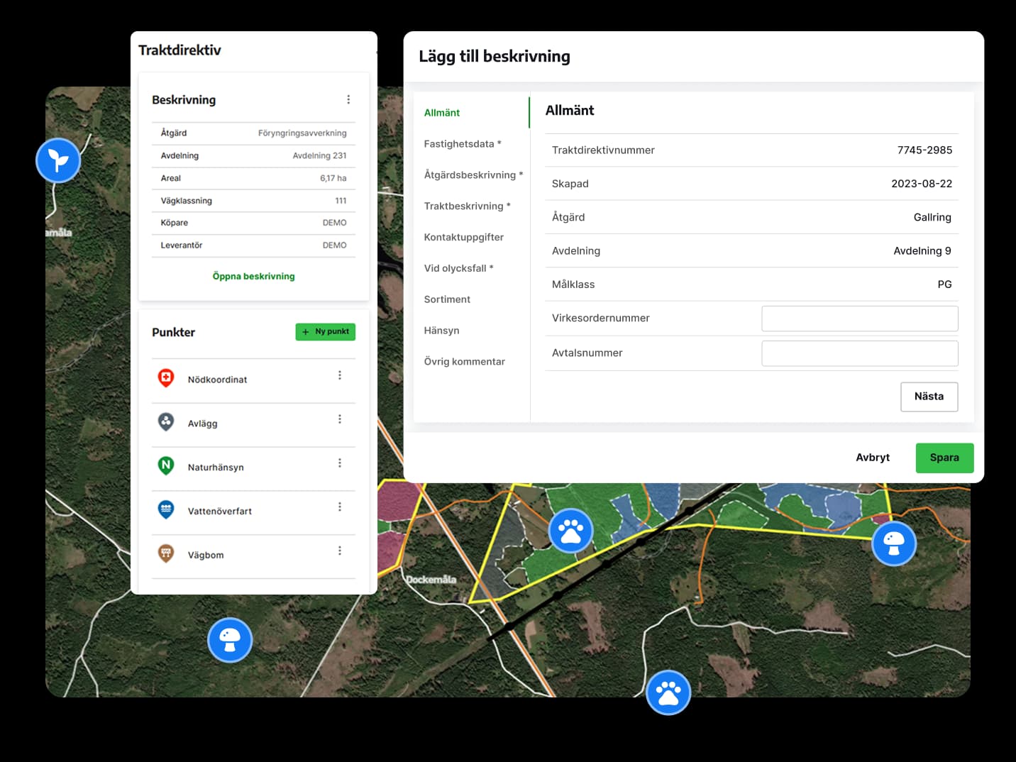 Tabeller och formulär visar information om ett traktdirektiv. Bakom syns en karta över en skogsfastighet.