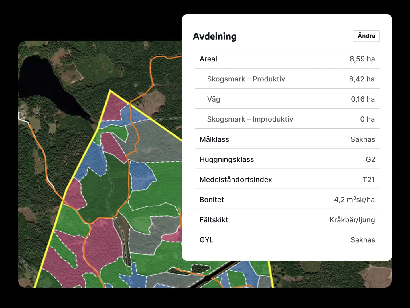 En tabell med avdelningsdata framför en karta över en skogsfastighet med avdelningar färgade efter huggningsklass.